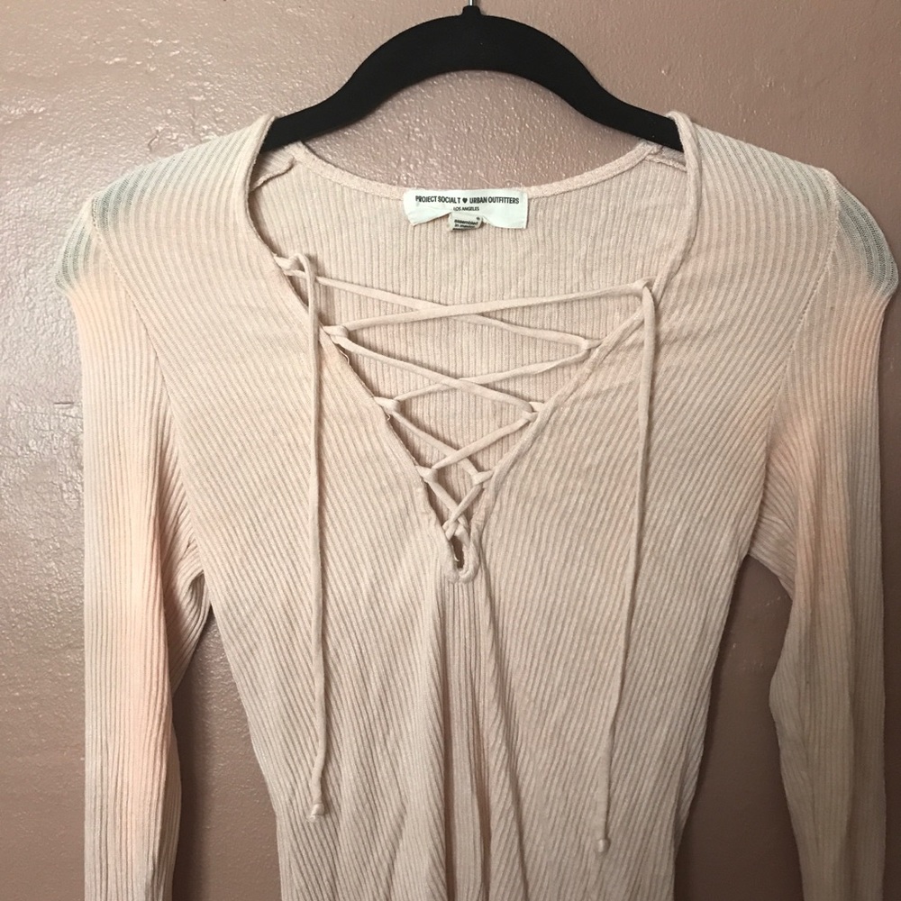UO Pink tie up ribbed long sleeve